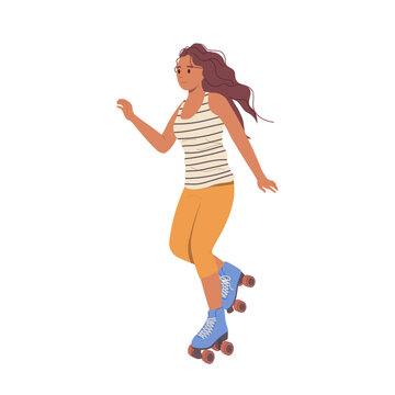 Roller skating girl young rollerblader cartoon character spending active trendy leisure time outdoor
