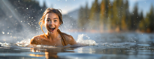Young woman hardening the body, cold water therapy. Girl in bikini plunges into icy water in frozen lake ice hole. Boost the immune system and improve mental health. - Powered by Adobe