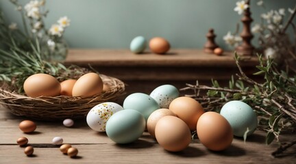 Easter eggs in a nest on a wooden table in nice looking room. Generative AI.