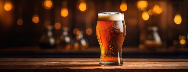A glass of dark beer on wooden table with dark golden shiny garland background. Panorama with copy space. - obrazy, fototapety, plakaty