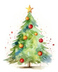 Obraz premium Watercolor painting of a festive Christmas tree on a white background
