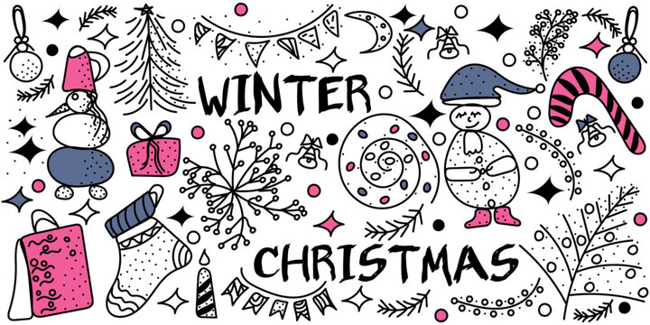 Set of Christmas and Winter in doodle style. Editable stroke. Cute colorful vector hand drawn illustration done in black, blue, pink colors with text Christmas, Winter. Isolated on white background