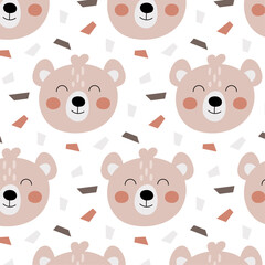 Pattern with bears. Festive background with teddy bears and confetti in flat style. Cute baby print.