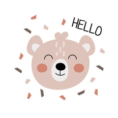 Print with a bear and the inscription "hello". Children print in flat style. Hand drawn bear. Cartoon bear with confetti.