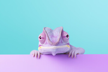 Funny purple chameleon on a blue and purple background. Banner with chameleon and free space.