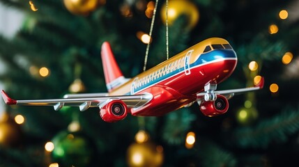 air plane ornament hanging on Christmas tree, holiday and long vacation travel and tourism concept, Generative Ai