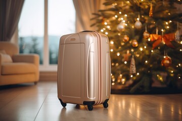  suitcase with Christmas tree decorated with light and bauble, Generative Ai