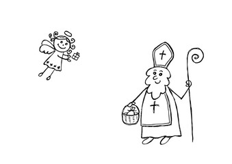 St. Nicholas and the angel, hand-drawn illustration