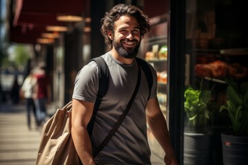 Portrait of a smiling hipster backpacker walking along city street on a good warm sunny day. Bearded Caucasian man traveler is going to come in city cafe or supermarket on a summer day.