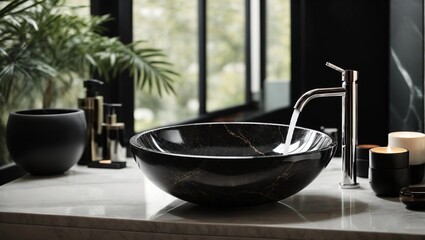 Stylish black marble round vessel sink and chrome faucet. Minimalist interior design of modern bathroom
