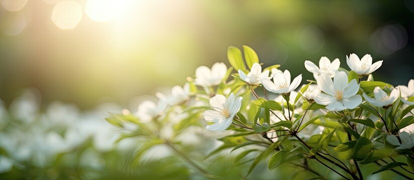 Fototapeta Blooming white flowers amidst lush green nature beneath a shining sun.