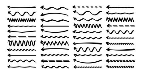 Hand drawn arrows, highlighter lines. Marker stroke, brush pen drawn underline. Handwritten text pointers, notes, marks. Vector illustration