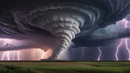 Big tornado with storm and lightning. 4K - 8K - 12K TV. Generative AI. - obrazy, fototapety, plakaty