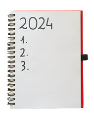 Transparent PNG top view of notebook with 2024 new year's resolutions and goals list 