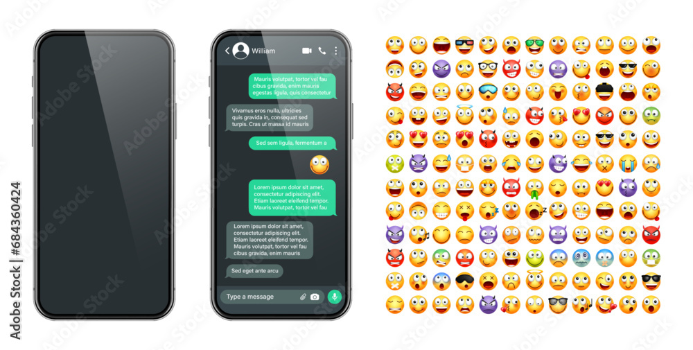 Poster smartphone messaging app, user interface with emoji. sms text frame. chat screen, green message bubb