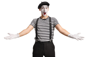 Cheerful mime gesturing welcome