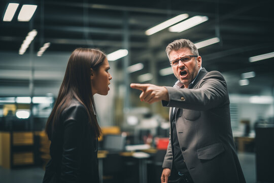 Mulher sendo constrangida e sofrendo ass&eacute;dio moral no trabalho pelo chefe t&oacute;xico