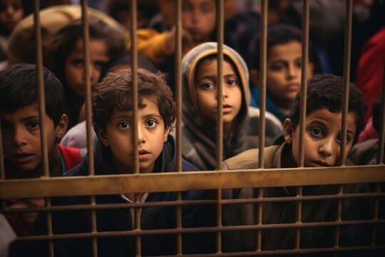 Sad serious hispanic orphan refugees behind bars looking at the camera