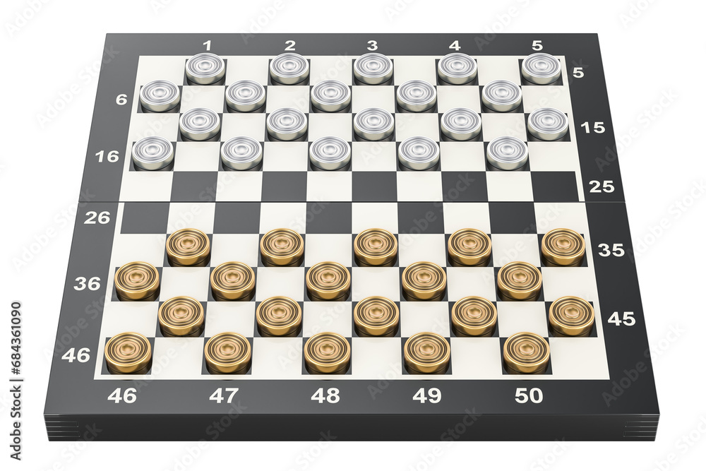 Poster international draughts game board and metallic pieces. 3d rendering isolated on transparent backgrou