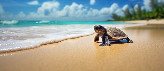 Baby turtle moves towards the sea, saving itself, leaving marks on tropical Seychelles beach. - obrazy, fototapety, plakaty