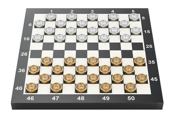 International draughts game board and metallic pieces. 3D rendering isolated on transparent background - obrazy, fototapety, plakaty
