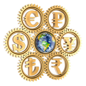 World currency, concept. Earth Globe with currency gears around, 3D rendering isolated on transparent background