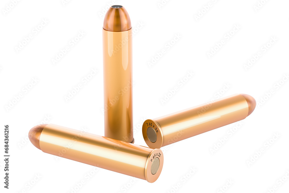 Poster bullets from revolver, 3d rendering isolated on transparent background