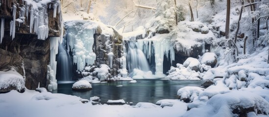 Fototapeta na wymiar With a stunning white snow-covered landscape, the beauty of nature is showcased background as we travel to the tranquil winter wonderland of the blue mountain park, where the glistening ice and