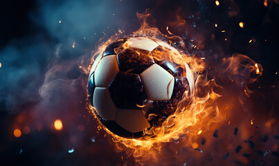 Fototapeta premium Burning soccer ball on a dark abstract background.
