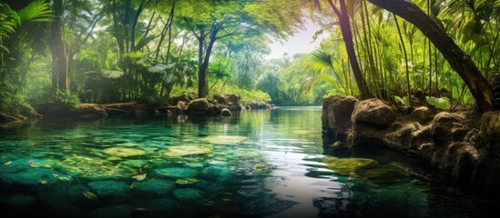 tropical park, amidst the luscious green forests and vibrant spring blooms, one cant help but feel the soothing embrace of natures symphony, as the water sparkles against the lush green landscape - obrazy, fototapety, plakaty
