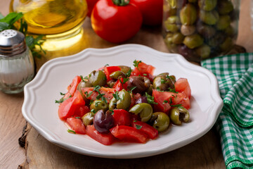 Gourmet flavors from traditional Turkish cuisine; green olive salad (Turkish name; Kirma yesil zeytin salatasi) A flavor belonging to the Turkey - Antakya region.