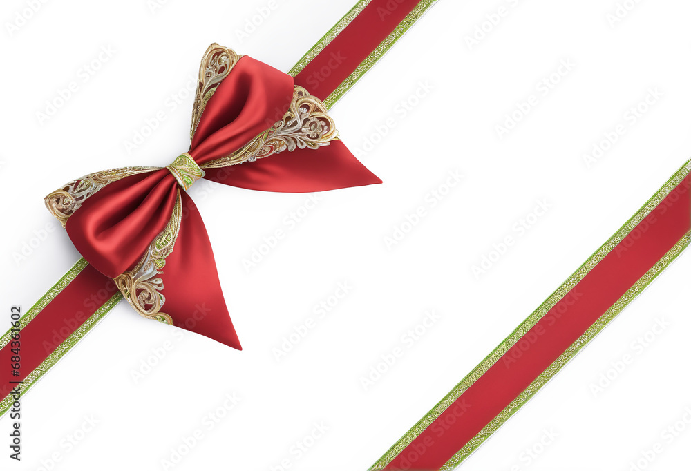 Wall mural red ribbon and bow with gold led diagonally through the image isolated against transparent backgroun