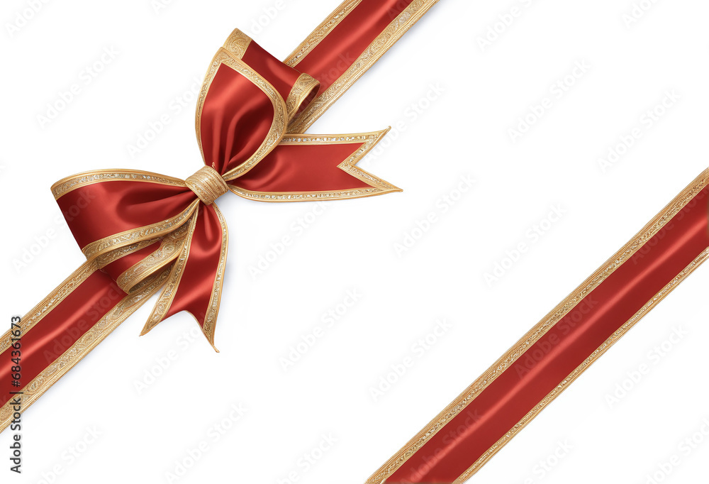 Wall mural red ribbon and bow with gold led diagonally through the image isolated against transparent backgroun