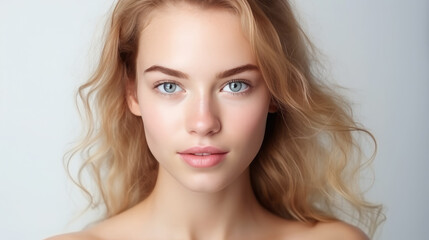 Naklejka premium portrait of a young beautiful European woman on a white background, face, girl, beauty, care, cosmetics, clear skin, smile, hair, style, spa, cosmetology, model, studio, advertising, person, lady