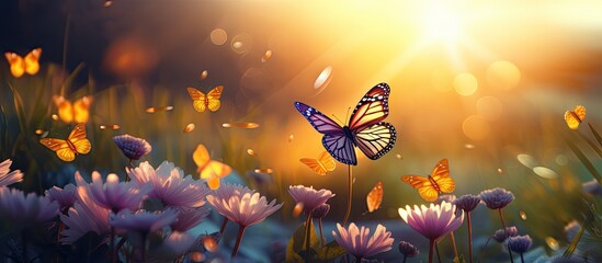 Butterflies floating among flowers, surrounded by nature, with the sun shining.