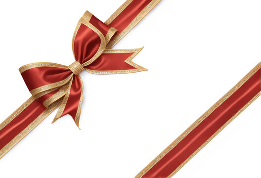 red ribbon and bow with gold led diagonally through the image  isolated against transparent background