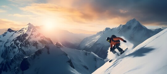 Snowboarder on the top of mountain. Snowboarding season. Copy space.