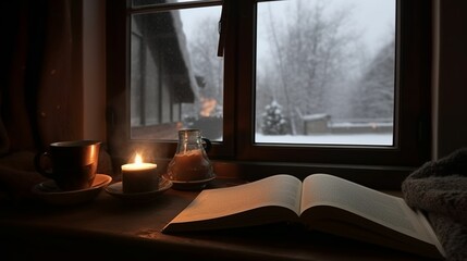 Cozy and chilling time with a book, candle and a hot tea