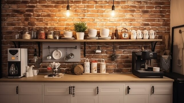 Coffee corner in the kitchen with coffee machine , mugs and brick wall 