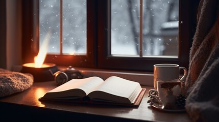 Cozy reading nook by the window to the snowy garden 