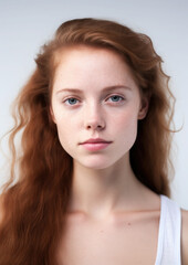 Naklejka premium portrait of a young beautiful European woman on a white background, face, girl, beauty, care, cosmetics, clear skin, smile, hair, style, spa, cosmetology, model, studio, advertising, person, lady