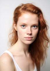 Naklejka premium portrait of a young beautiful European woman on a white background, face, girl, beauty, care, cosmetics, clear skin, smile, hair, style, spa, cosmetology, model, studio, advertising, person, lady