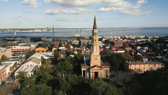 Aerial video of downtown Charleston, South Carolina, USA. November 18, 2023.
