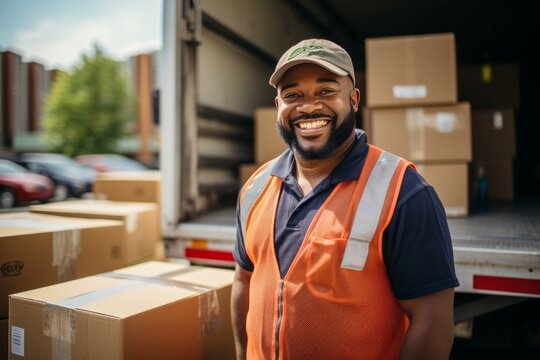 Portrait of an adult African American worker in warehouse against the background of cardboard boxes. Confident smiling male employee prepares parcels for dispatch and delivery. Logistic and delivery.