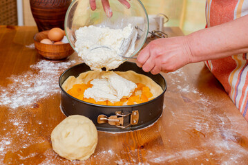 Chef pours batter into pan to prepare apricot cheesecake.