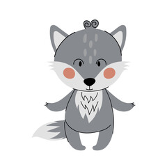 Fototapeta premium Cute cartoon gray wolf in flat style with doodle elements. Forest animals in scandinavian style. Baby print. Cute character.