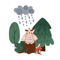 Owl. Forest Glade. A cute cartoon owl in a flat style with doodle elements sits in the forest on a stump under a thundercloud. Baby print.