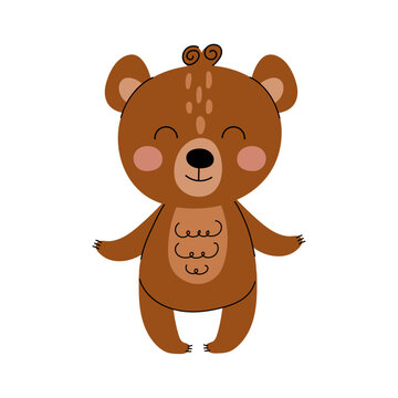 Cute cartoon brown bear in flat style with doodle elements. Forest animals in scandinavian style. Baby print. Cute character.