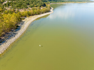 Obraz premium The beautiful landscapes of Kovada Lake, mountains and green area from the air. Isparta Lake District, Turkey