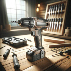 A photo of a cordless electric drill with a modern design, placed on a wooden workbench, highlighting its portability and efficiency - obrazy, fototapety, plakaty